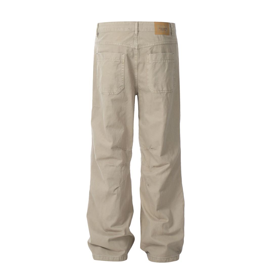 Work Pants Men Khaki Loose Retro Straight Pleated Design Wide Leg Trendy Casual Trousers