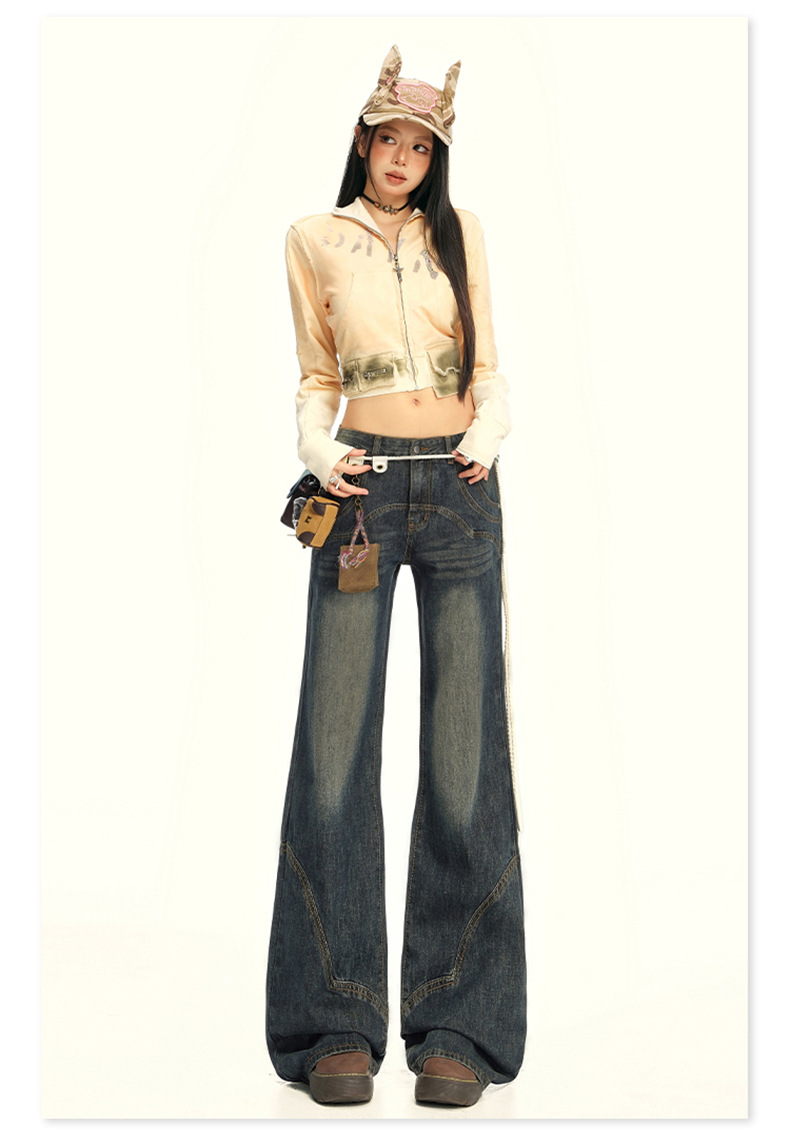 Women's Wide-Leg Jeans with Splicing Retro Design Loose and Slimming Flare Pants