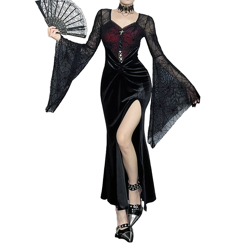 V-Neck High-Waist Spider Web Print Long Pencil Dress