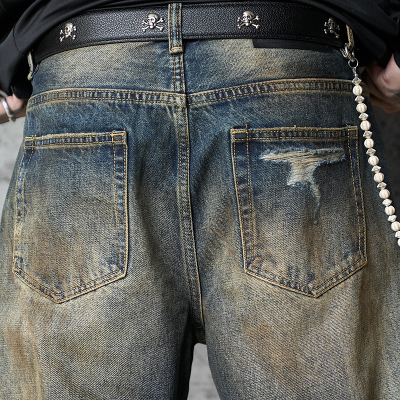 Vintage Washed Ripped Street Style Dagger Cut Denim Pants, Unisex Loose Clean Fit Wide Leg Floor-Length Trousers