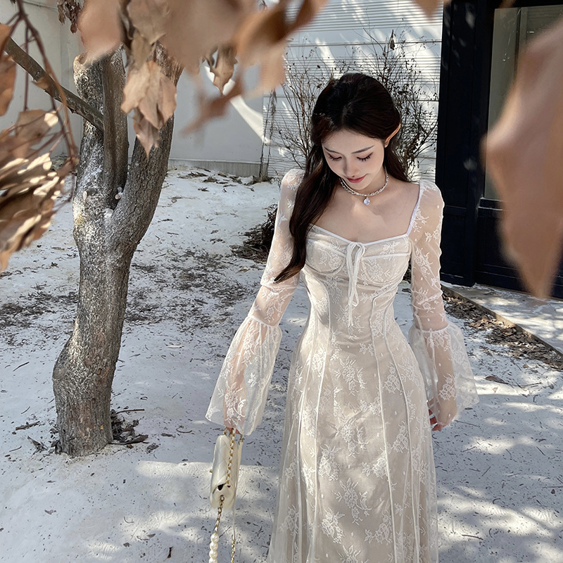 Square Neck Long Sleeve Polyester Maxi Dress