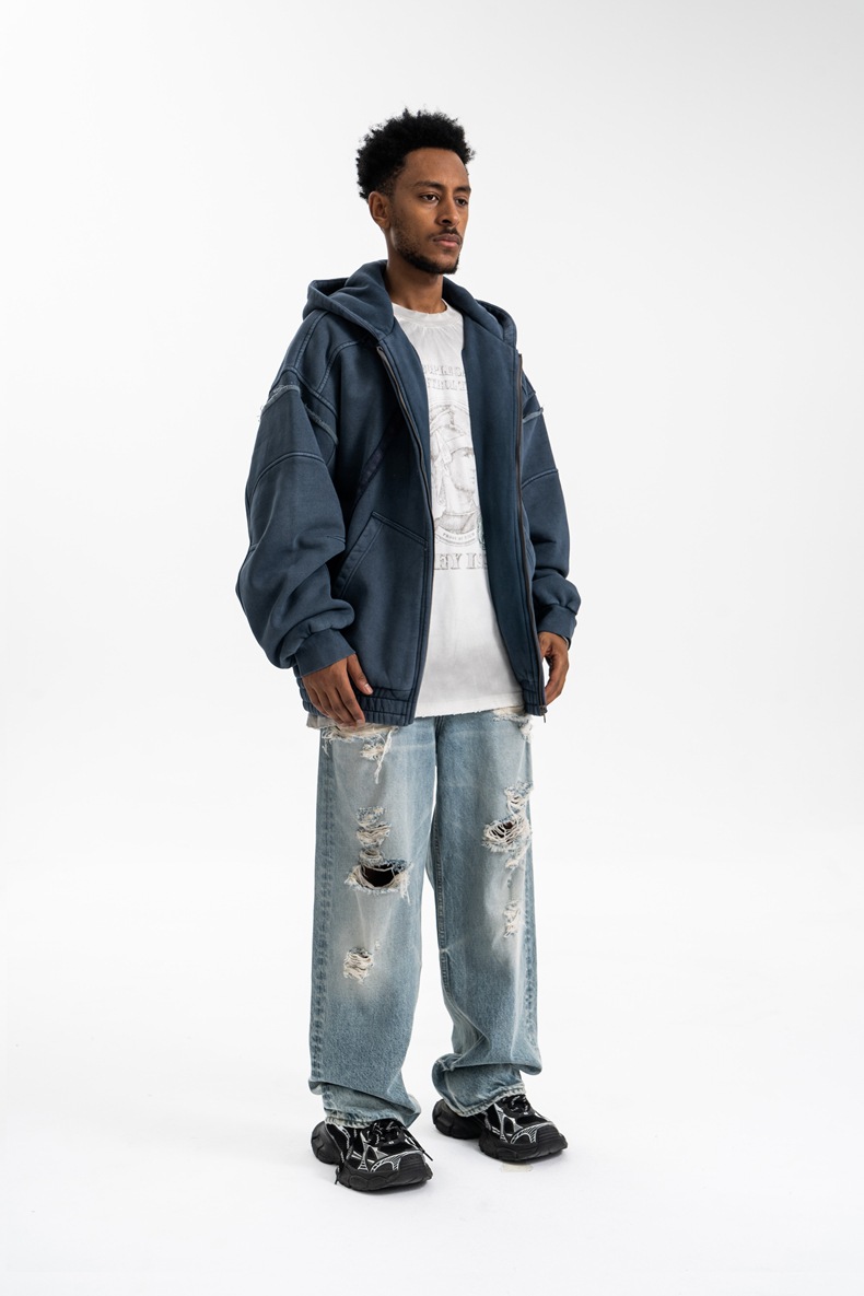 Utility Distressed Cotton Insulated Full-Zipper Embroidery Hoodie