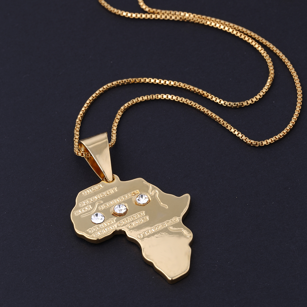 Classic Gold Color Africa Map Pendant Necklace Male Vintage Copper Jewelry Rhinestone Hip Hop Long Chain Necklace For Men
