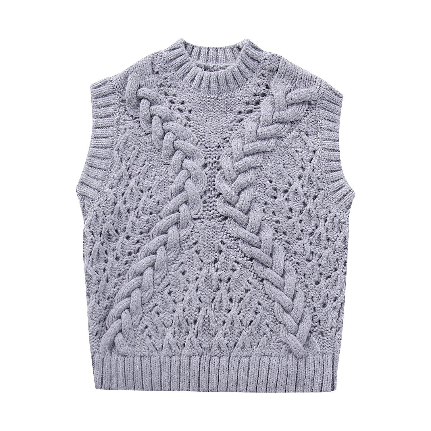 Ladies Round Collar Twisted Openwork Knit Gilet