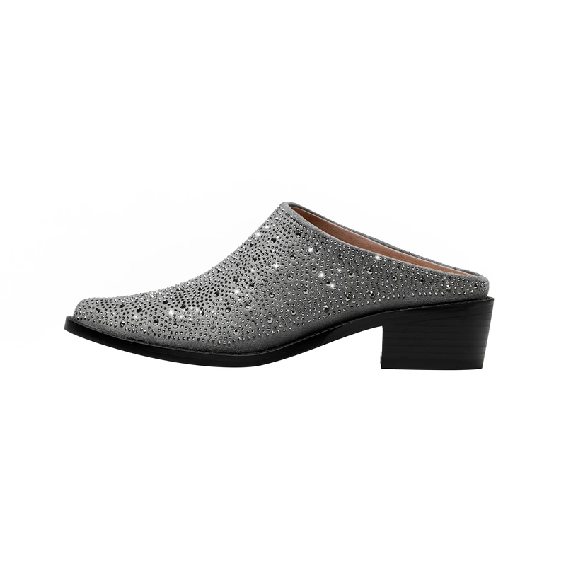 Ladies Tapered Toe Chunky Suede Crystal Mules