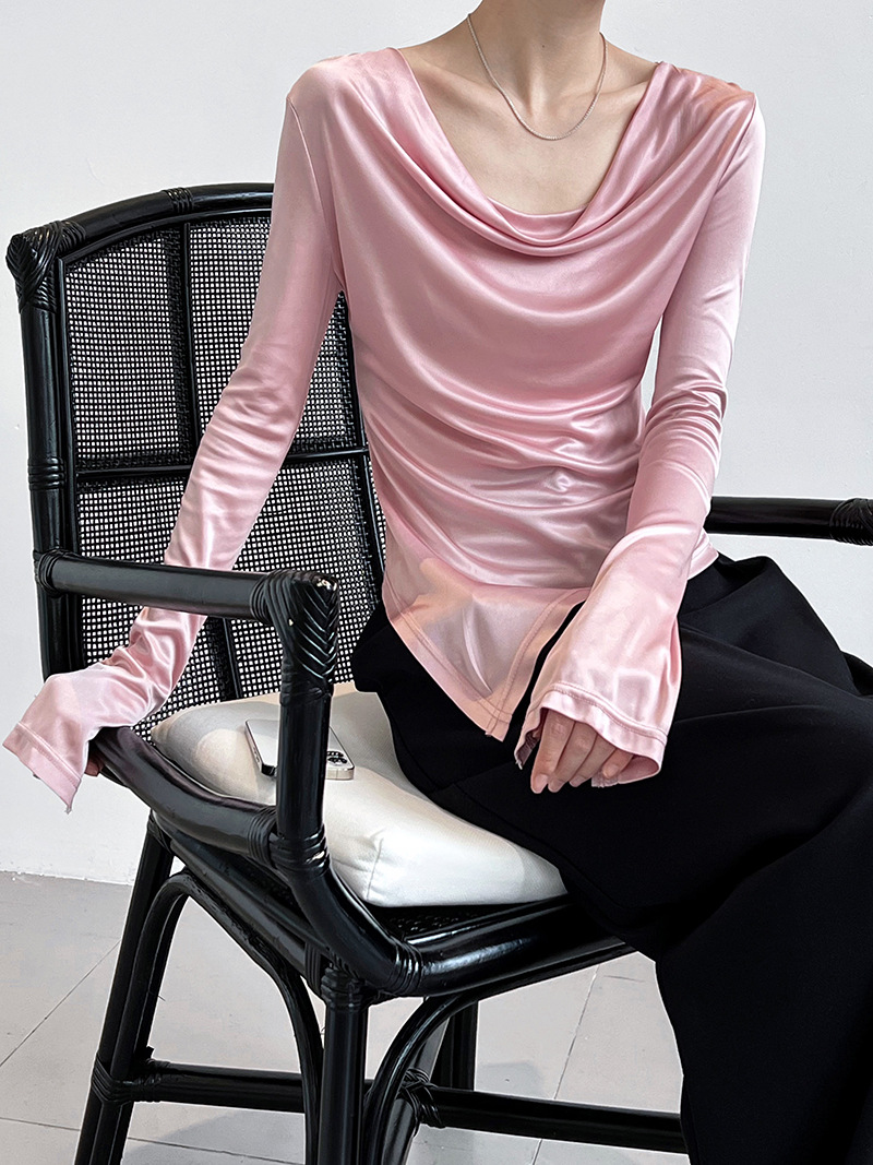 Women Slim Solid Cowl Neck Elongated Sleeve Tee