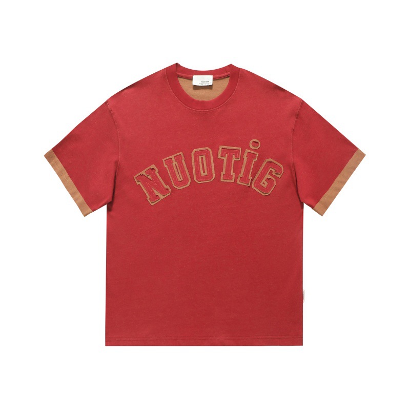 Letter sticker color blocked loose small collar short sleeved T