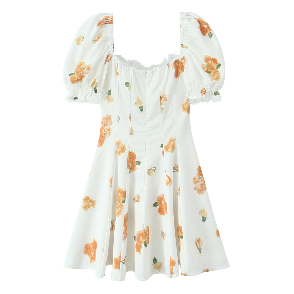 Print Waist-Cinching Lace Splicing Bubble Sleeve Dress Short Skirt