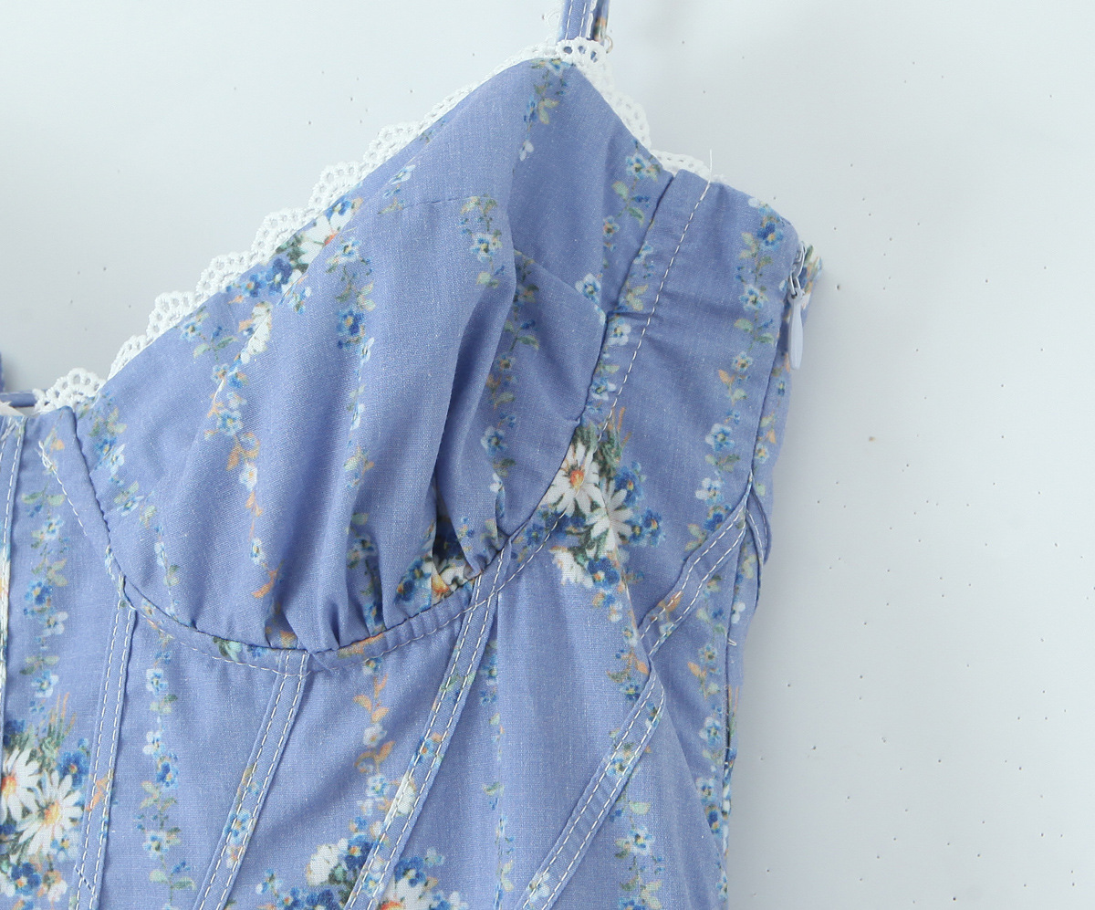 Women's Clothing Vintage Blue Small Chrysanthemum Mid-length Dress