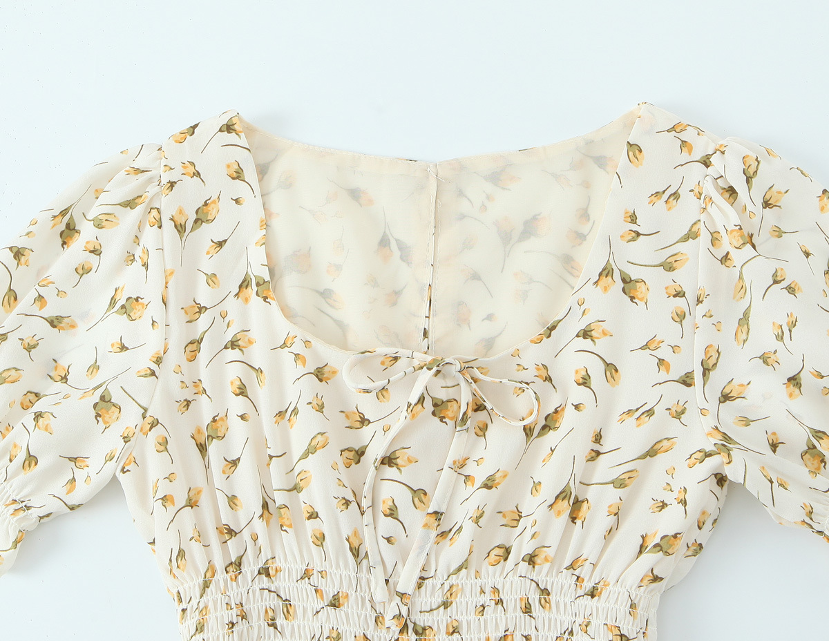 Floral Print Square Neck Tie-Waist Bubble Sleeve Dress