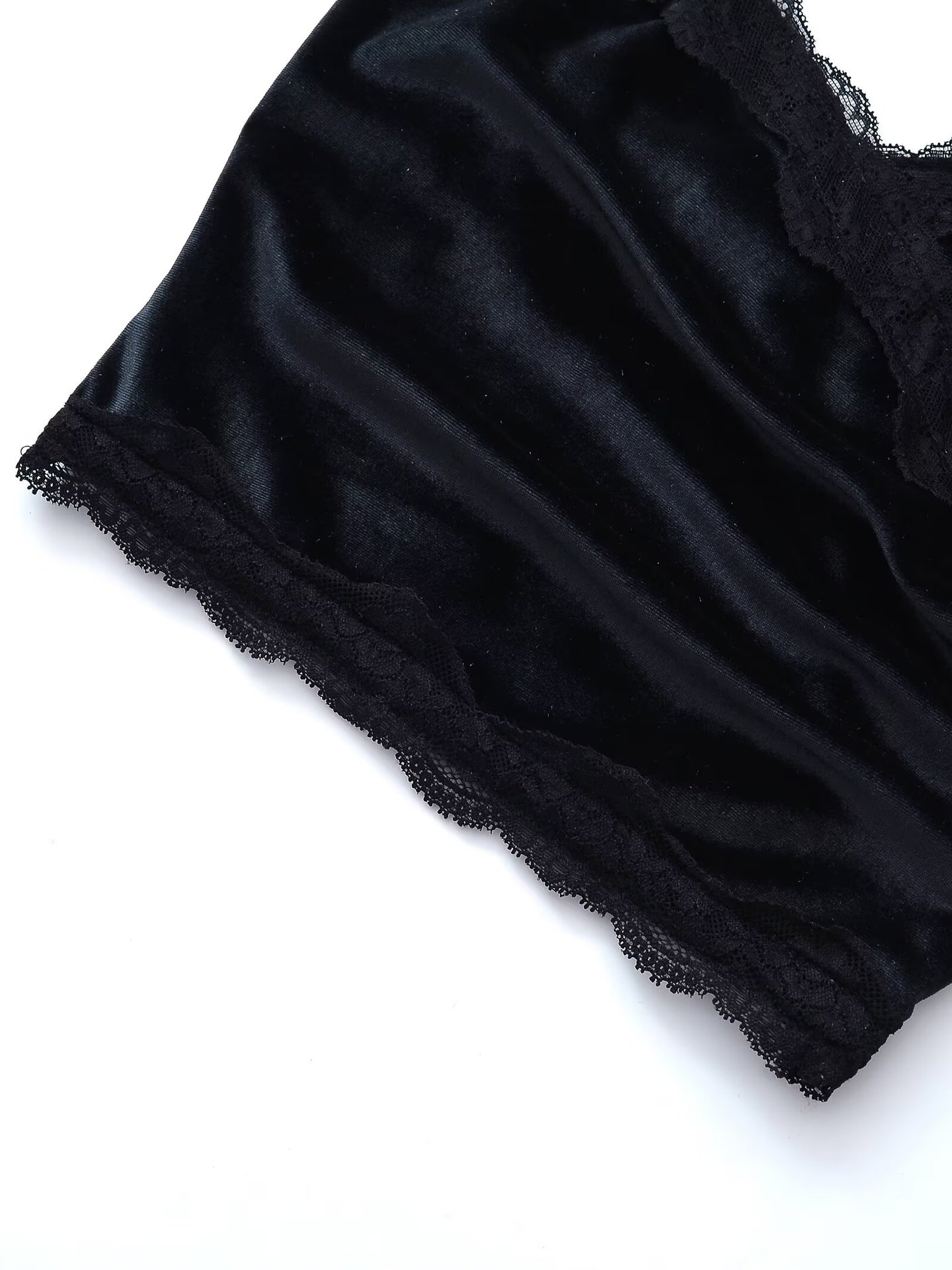 Cross-Over Lapel Velvet Spliced Lace Trim Sexy Camisole