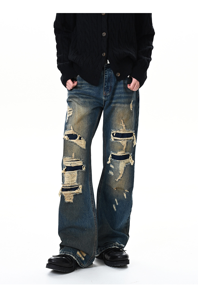 Washed Distressed Cat Whiskers Spray Monkey Dark Blue Denim Pants Unisex