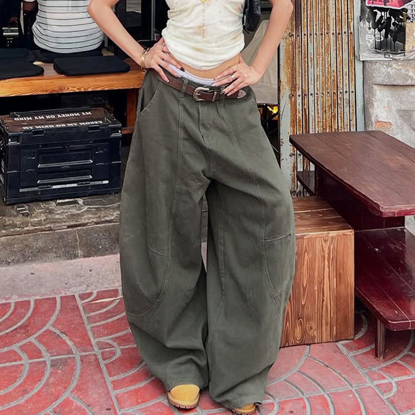 Low waisted denim retro workwear military green casual pants