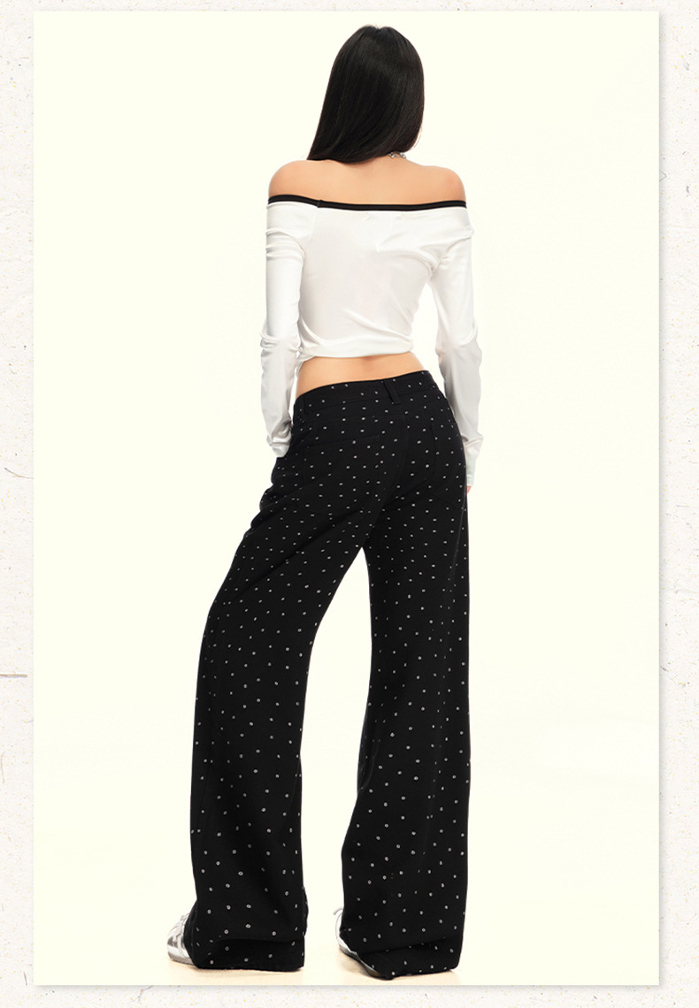 Women's Black and White Polka Dot Slimming Loose Straight Jeans High Waist Wide Leg Pants