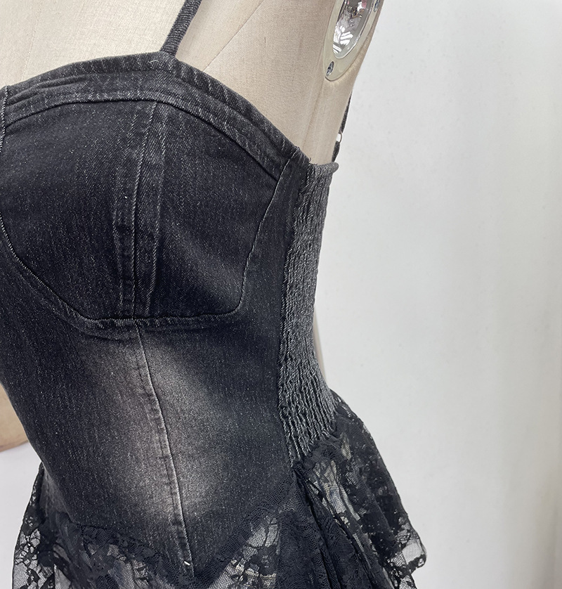 Slim Asymmetric Faded Jean Lacy Panel Fringed Bandeau