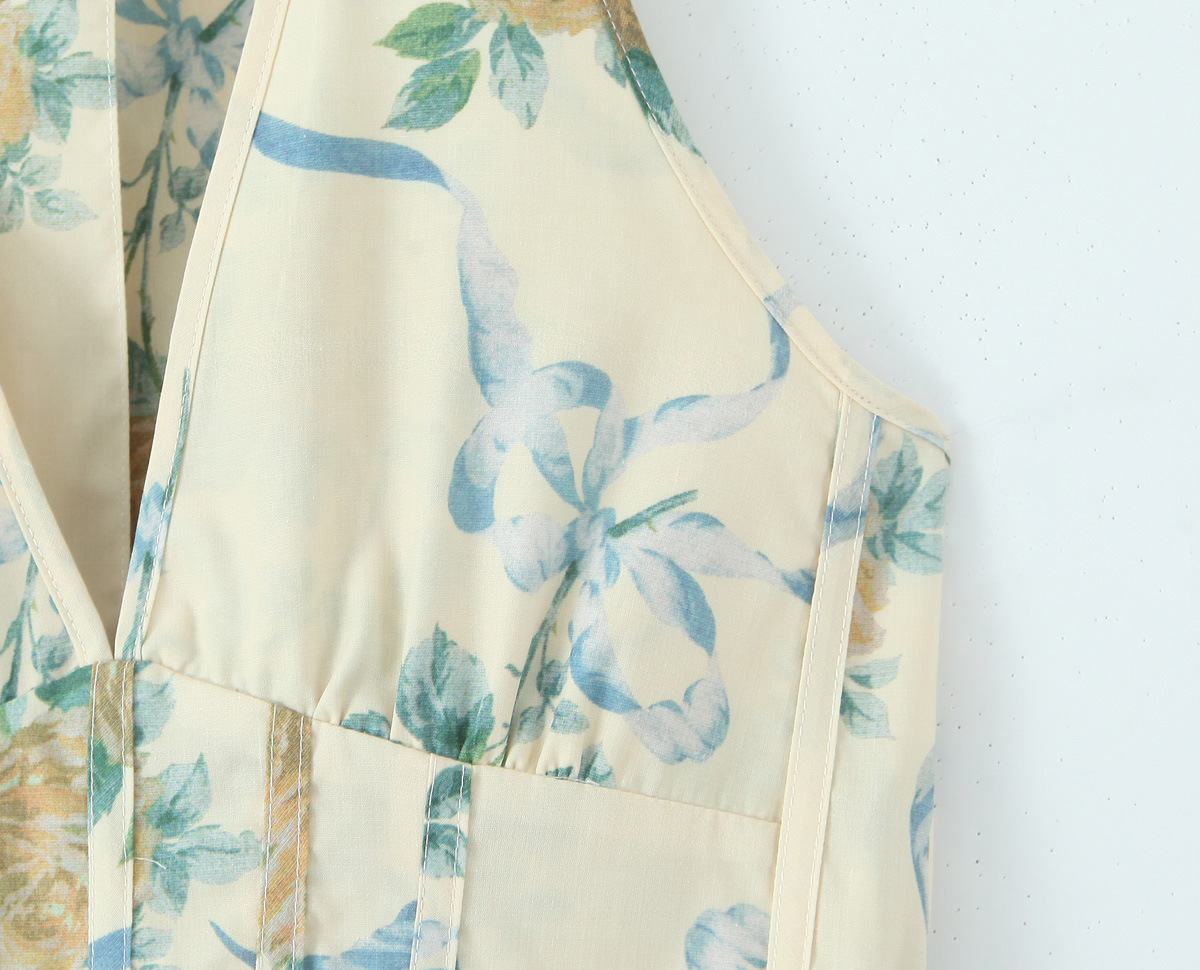 Cotton Print Ribbon Front Halter Maxi Dress