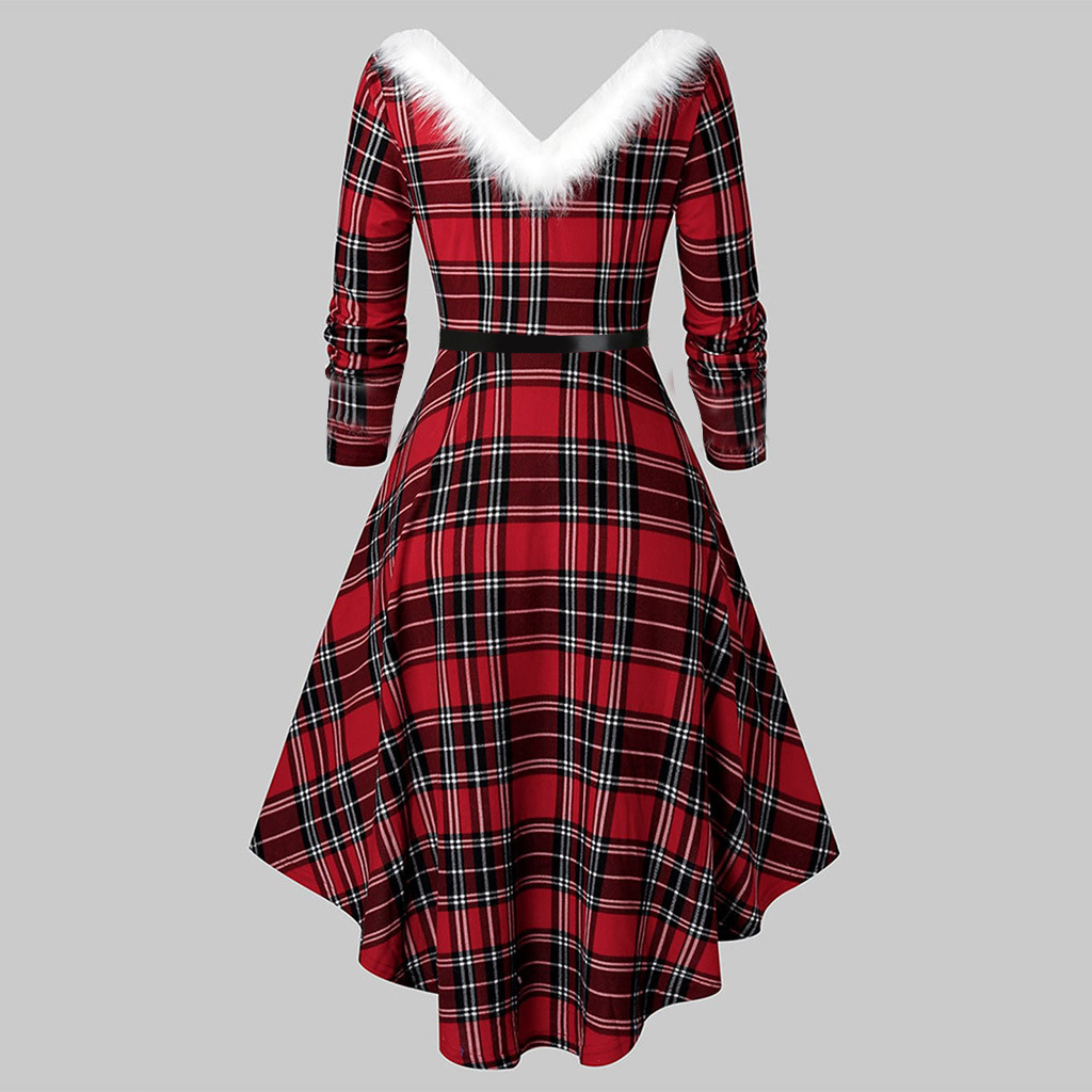 Holiday Ladies' Plaid Vintage V-Shaped Wrist-Length Sleeves Dress