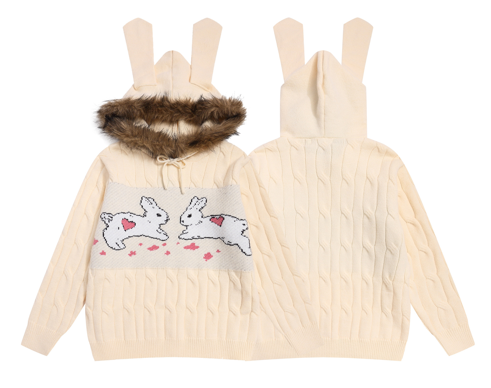 Oversized Bunny Print Hood Sweater Fluffy Ribbon Detail