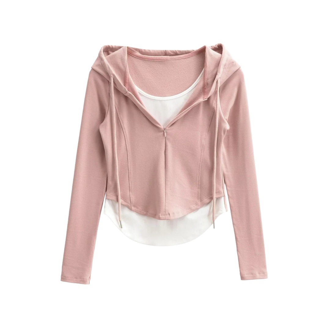 Layered Asymmetric Crop Hoodie - Cord & Concealed Zip