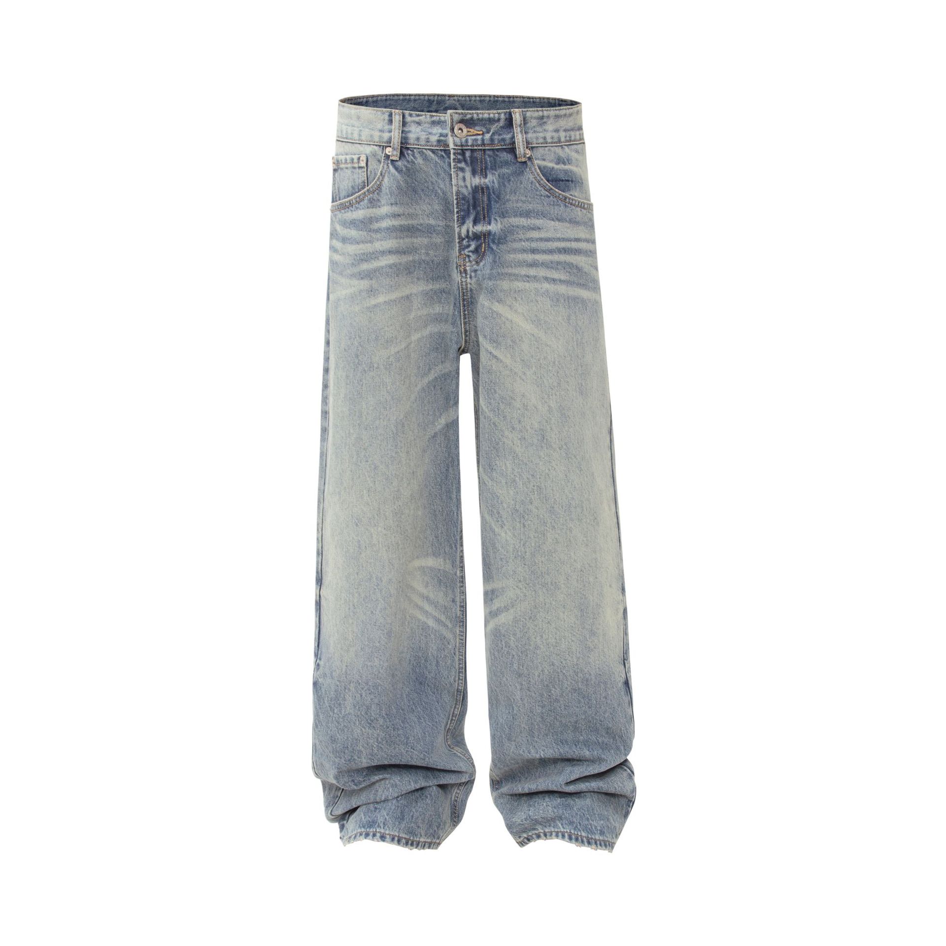 Street Style Unisex Vintage High-End Cat Whisker Washed Design Men's Loose Casual Jeans