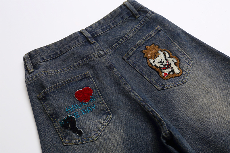 Vintage Cartoon Towel Embroidery Washed Knife-Edge Jeans Men Autumn Pendant Design Loose Wide-Leg Pants