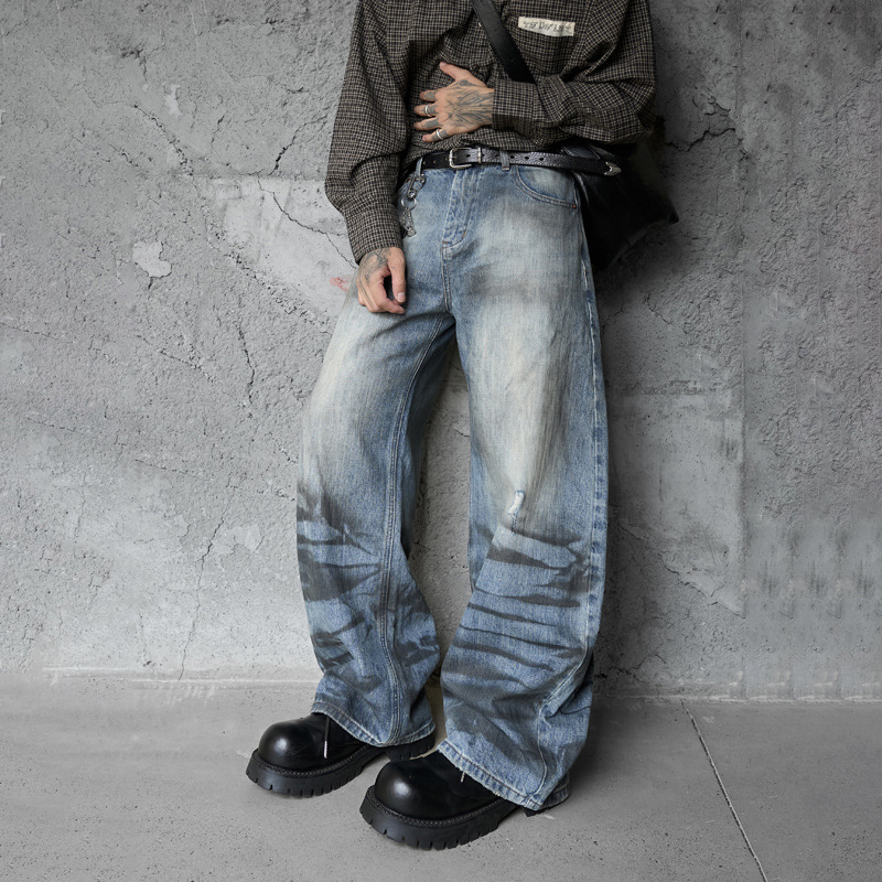 Street Style Vintage Distressed Washed Knife-Edge Denim Pants, Hip-Hop Casual Loose Ripped Straight Leg Jeans