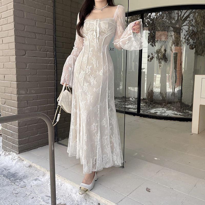 Square Neck Long Sleeve Polyester Maxi Dress