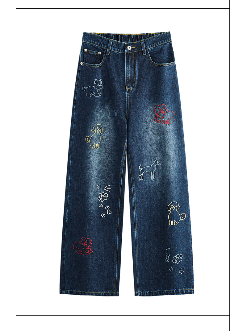 Dog Embroidered Wide Leg Jeans