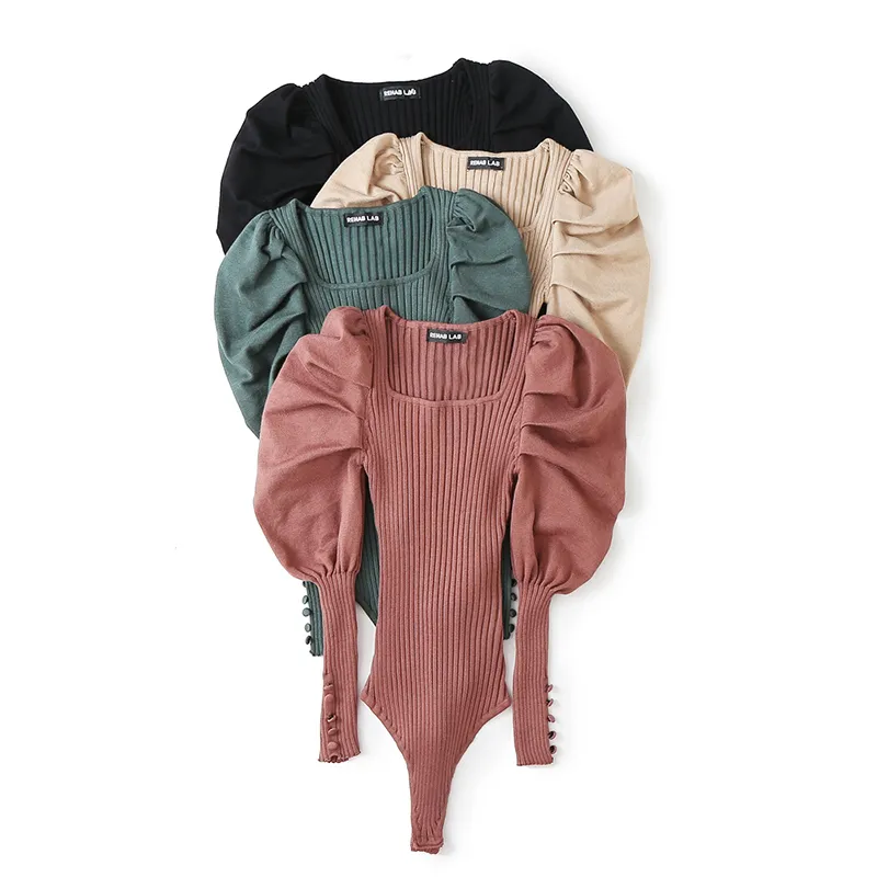 Ladies Knit Plain Geometric Neckline Puffy Sleeves Jumpsuit