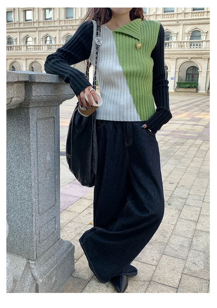 Ladies Viscose Fitted Crewneck Colorblock Cozy Sweater