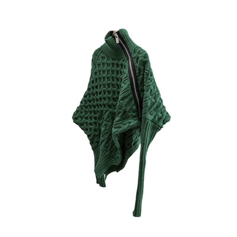 Oversized Zip-Front Polyester Cardigan Asymmetric Neckline