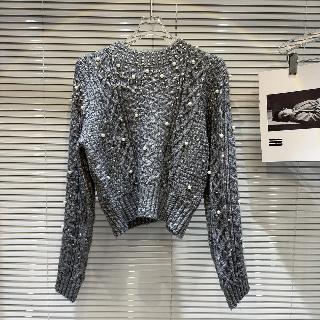 Ladies Beaded Mesh Crew Sweater