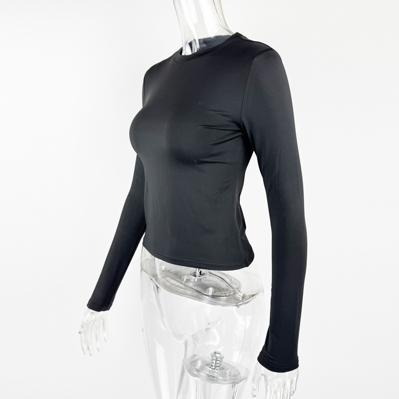 Long sleeved round neck T-shirt solid color slim fit top