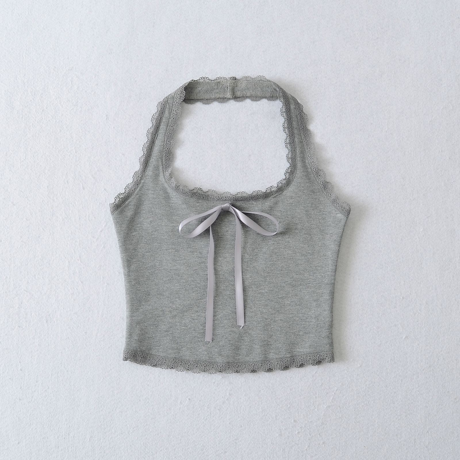 Slim Fit U-Neck Solid Color Front Bow Halter Crop Top
