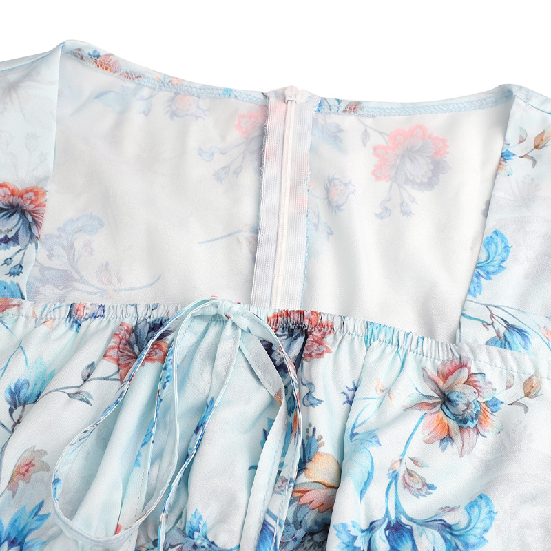 Short Puff Shoulder Botanical Maxi Dress