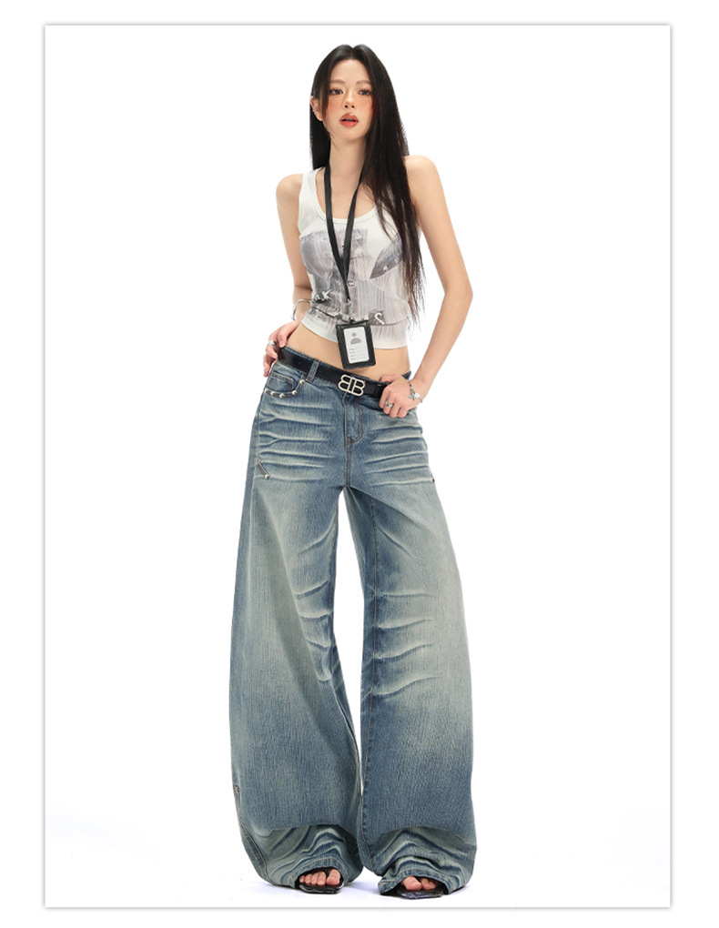 Retro Spicy Girl Washed Pleated Wide-Leg Jeans Women's Cracked Design Loose Drape Floor-Length Pants