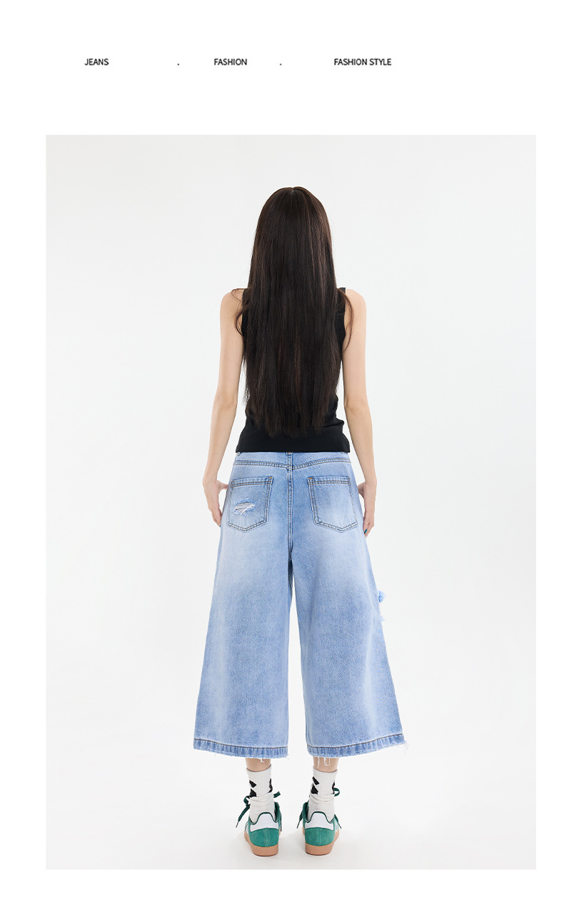 Black Gray Hole Seven-Point Denim Pants Women Vintage Wide-Leg Straight Leg Pants High Street Trendy