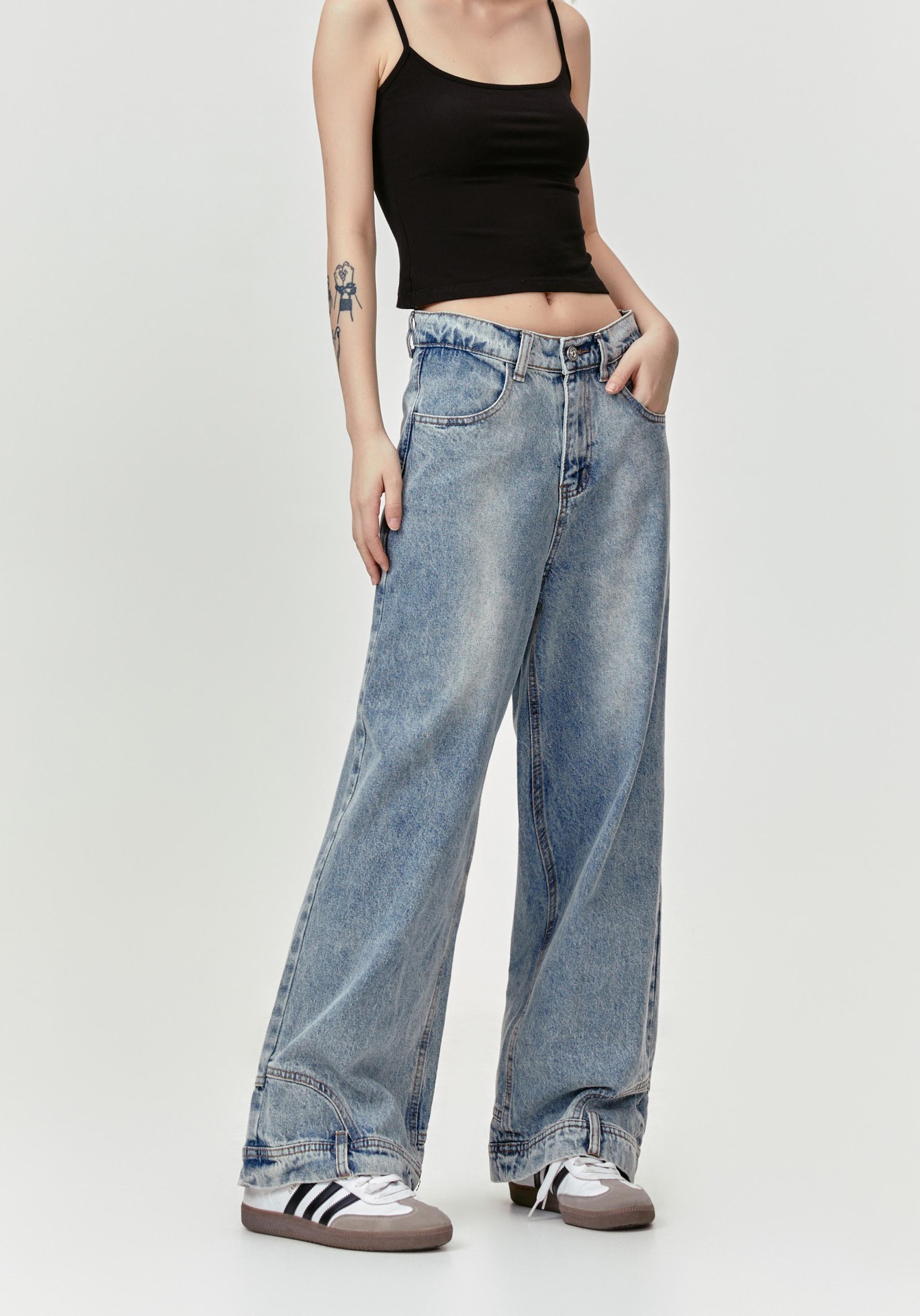Inverted Reverse Design Washed Distressed Loose Straight Wide Leg Jeans Trendy