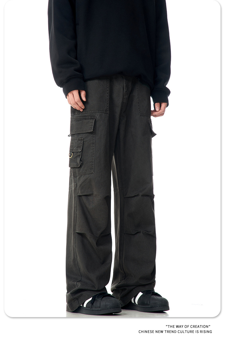Faded Vintage Pleated Trendy Loose Fit Straight Leg Wide Leg Casual Trousers for Men and Women