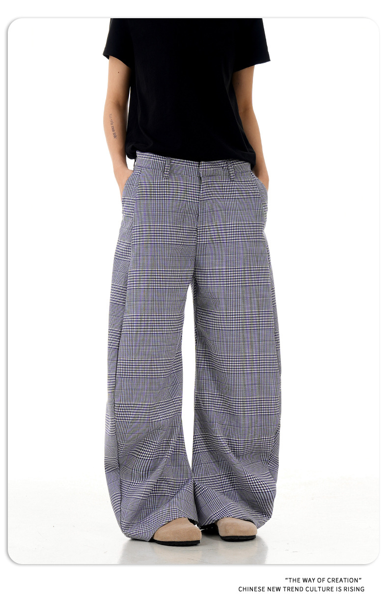Blue Coffee Plaid Casual Pants Summer Loose Wide Leg Trousers