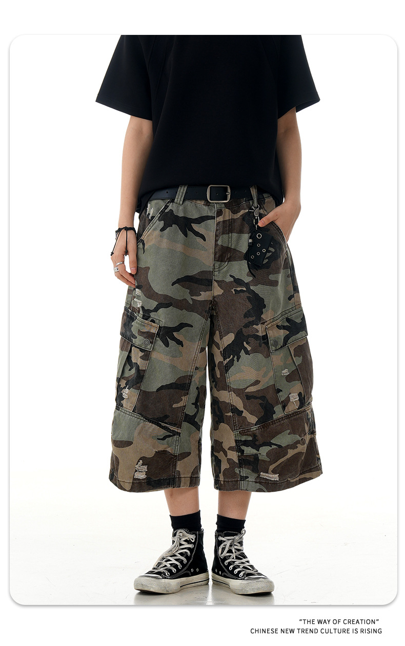 Loose Fit Casual Multi-Pocket Retro Straight Leg Slim Wide Leg Three-Quarter Pants