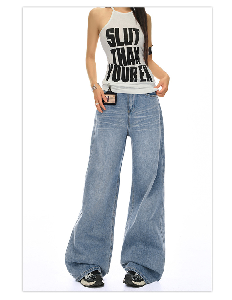 Vintage Washed Crease Wide Leg Pants Women High Waist Loose Slimming Drape Denim Pants Summer New Style