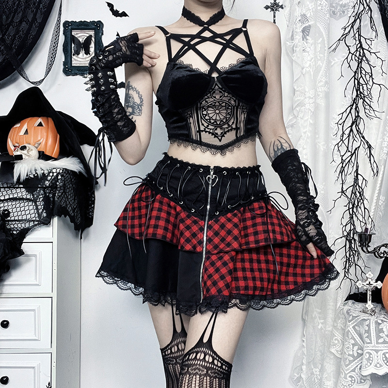 Ladies Sexy Striped Plaid Paneled Skirt