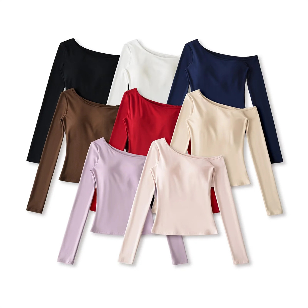 Slim Fit Wrist-Length Plain Slant-Neck Bra-Cup Blouse