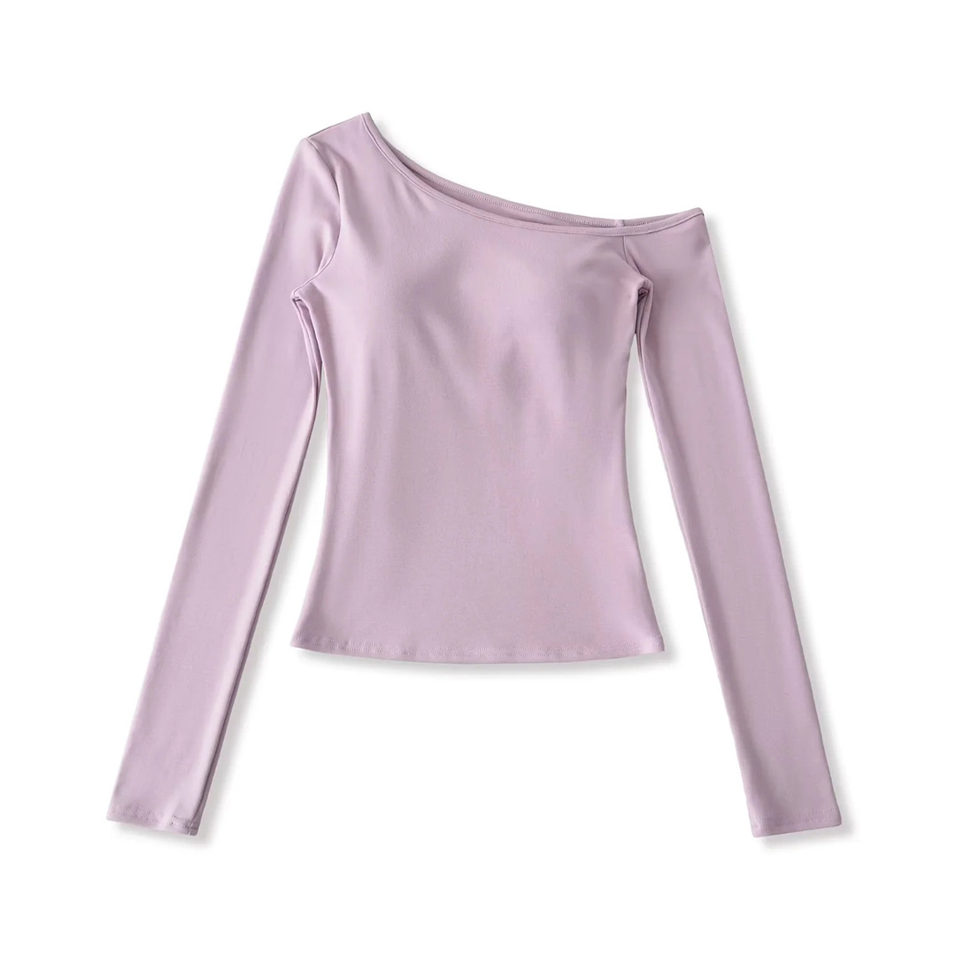 Slim Fit Wrist-Length Plain Slant-Neck Bra-Cup Blouse