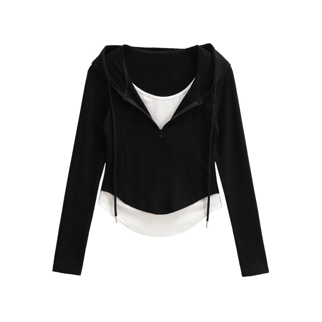 Layered Asymmetric Crop Hoodie - Cord & Concealed Zip