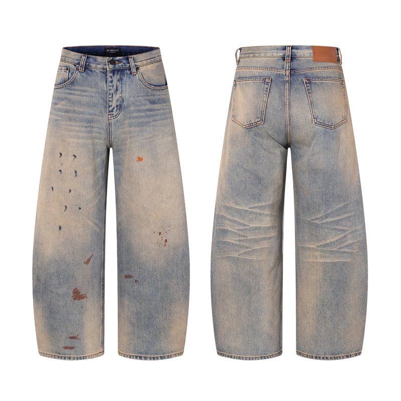 Streetwear Hip-hop Fashion Design Spray Painted Knife Pants for Men Loose Versatile Washed Distressed Denim Jeans