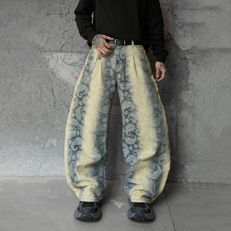 Street Washed Spray Monkey Jacquard Gradient Knife-Edge Denim Pants Men Women High-Quality Fashion Brand Wide-Leg Pants