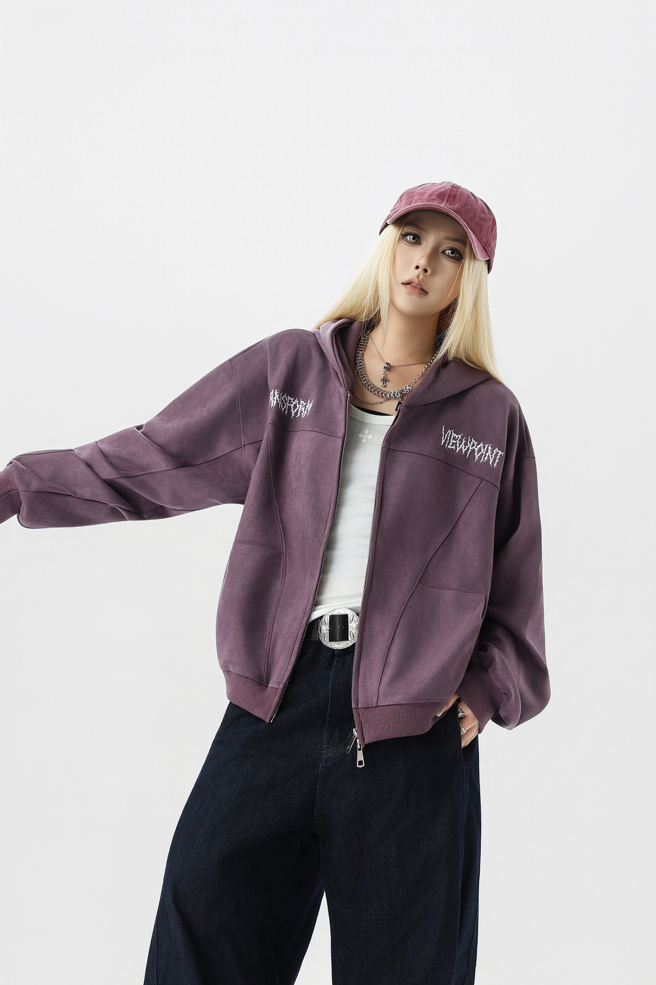 Retro Color-Block Letter Print Hooded Zip-Up Sweater