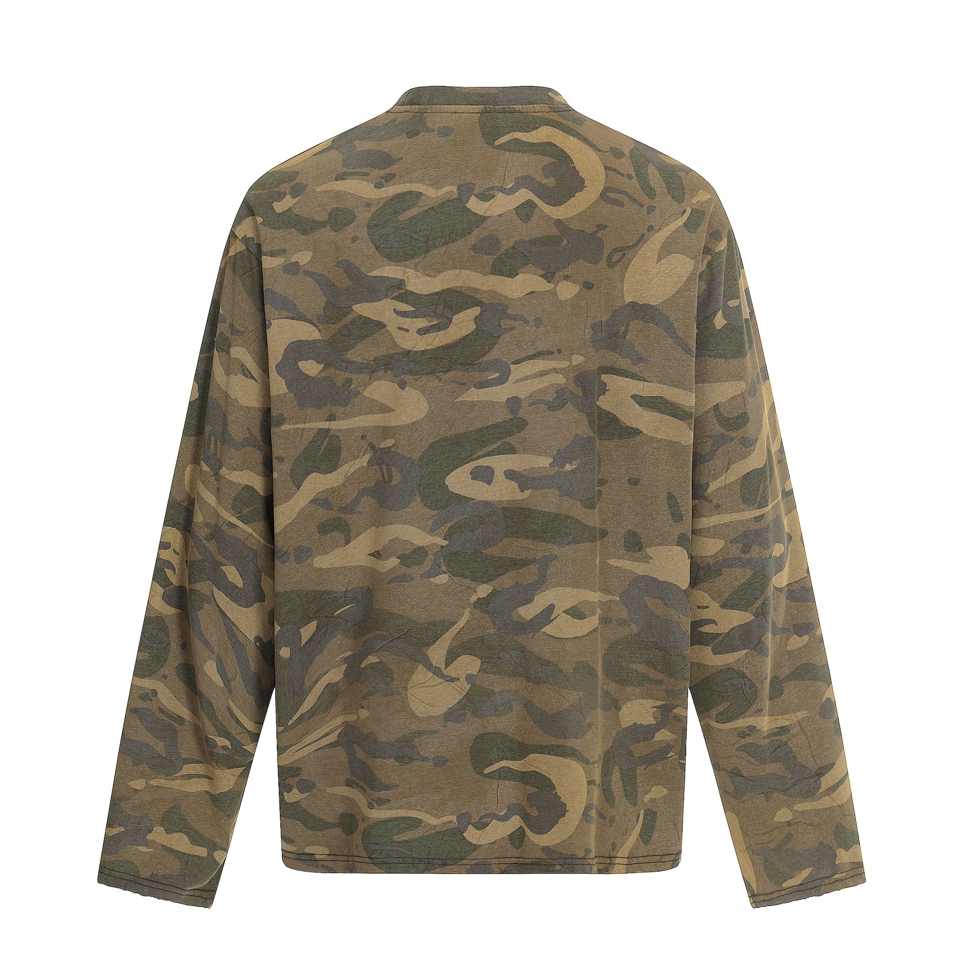 Washed Distressed Small Collar Printed Camouflage Loose Long Sleeve T-Shirt